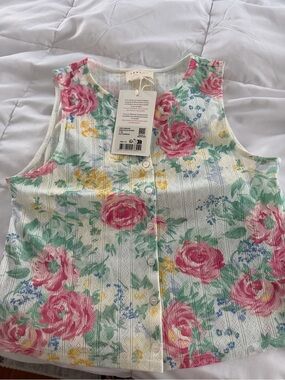 Sezane Floral Button-Front Tank Top in Pink, Green, Yellow on Cream